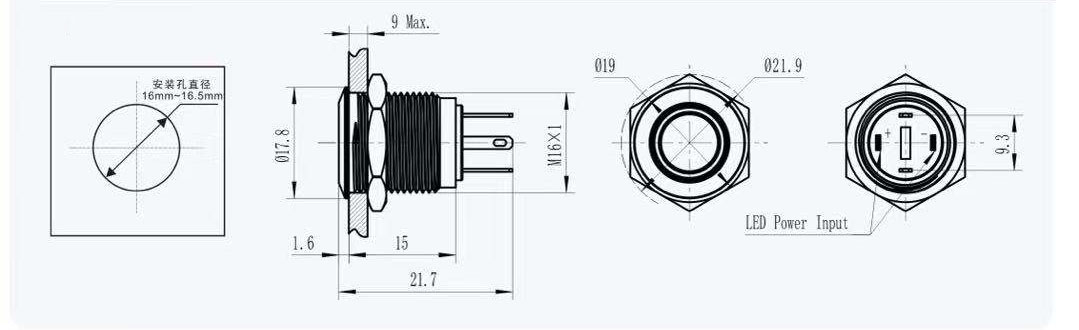 16mm Metallbutton mit LED Ring