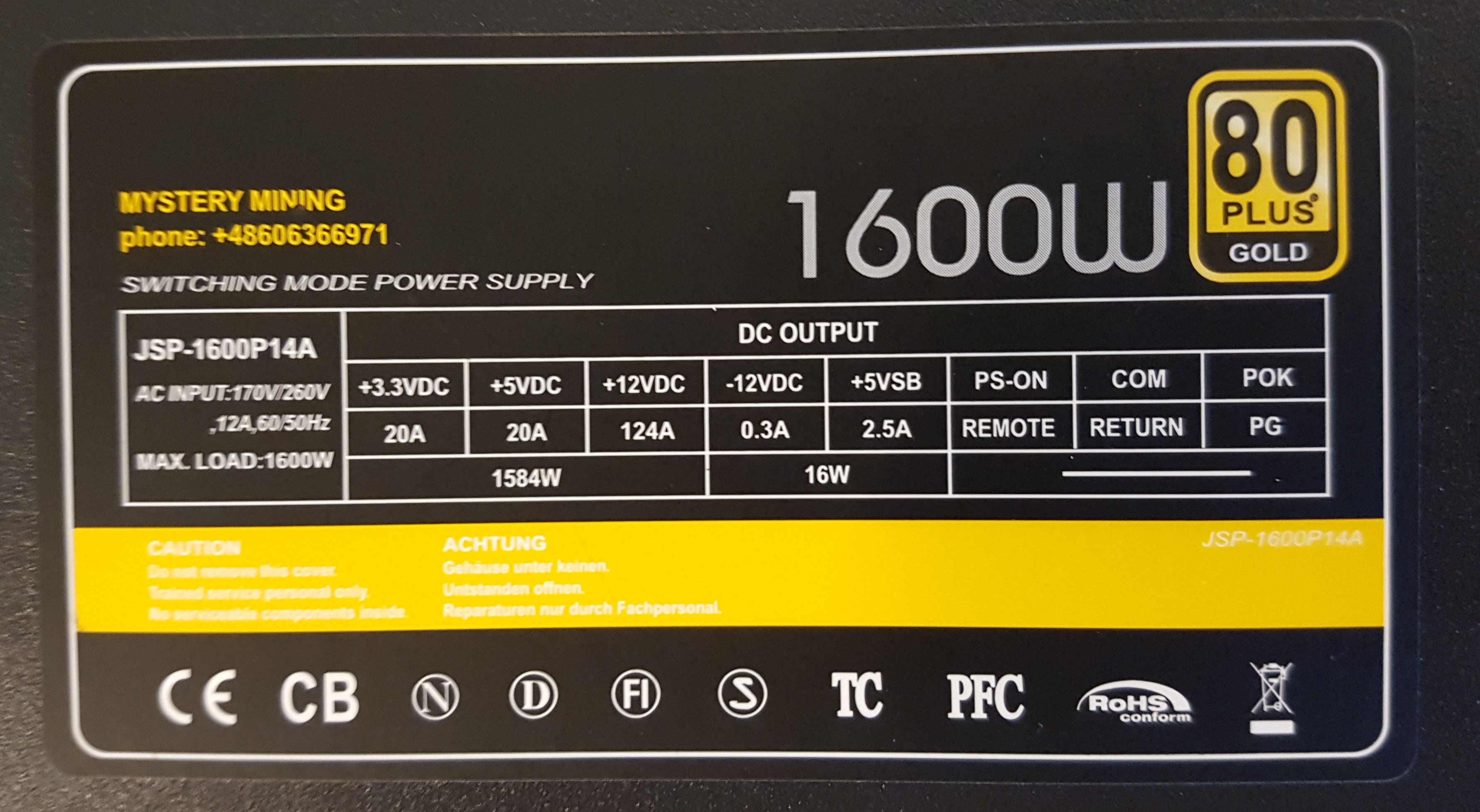 1600W JSP-1600P14A Netzteil für Mining